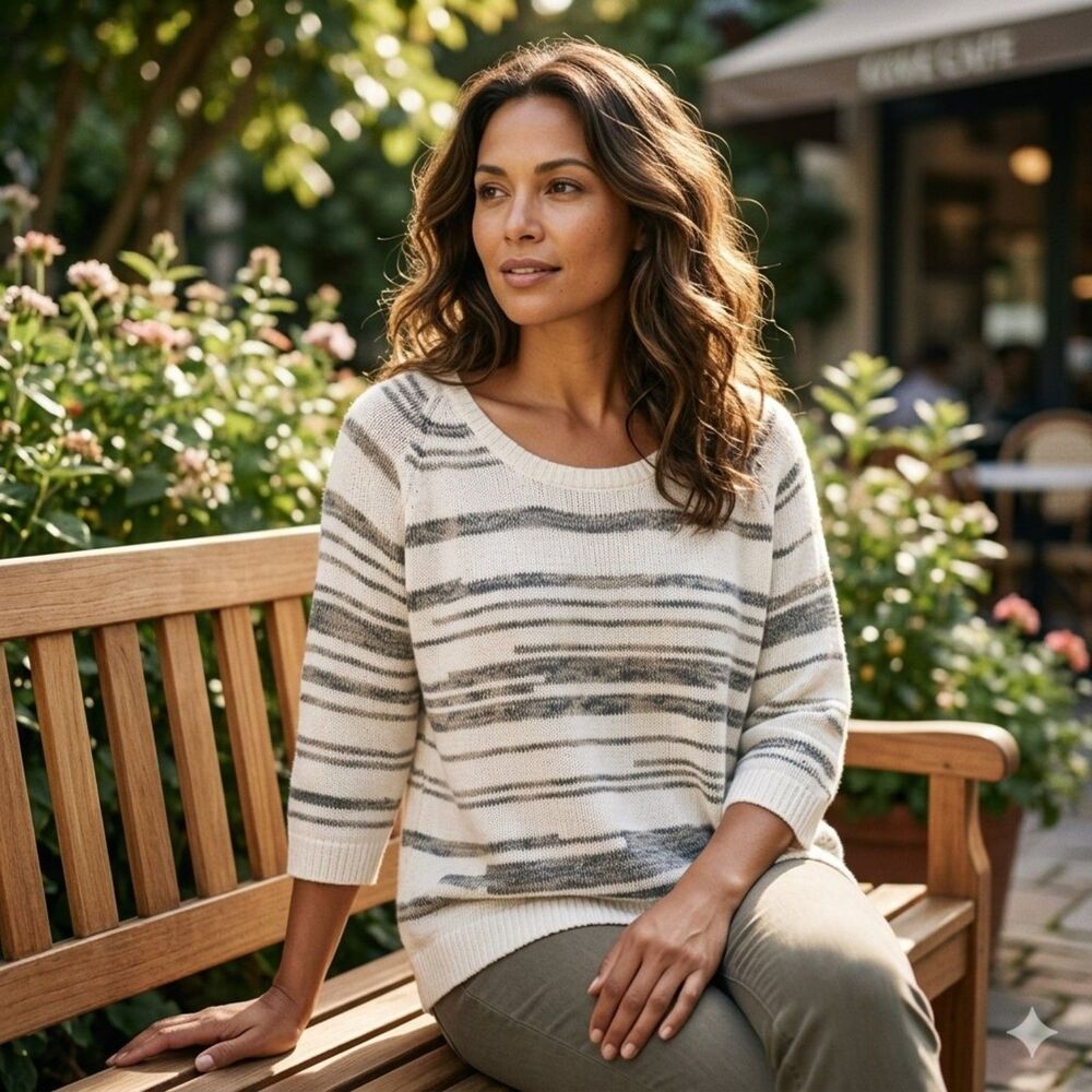 Pure Jill J. Jill Cotton Blend Striped Sweater - White/Green/Tan XLP